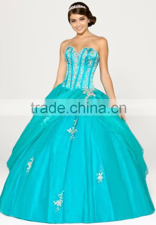 New Design Sweetheart Floor Length Applique Champagne Stain Quinceanera Dress HAQ-004