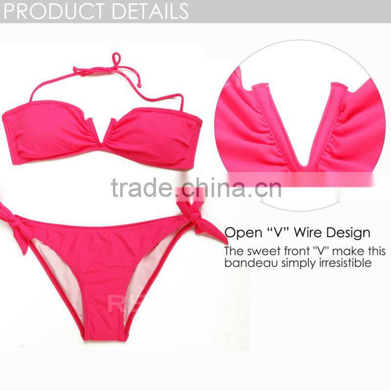 RELLECIGA Sexy Young Girl Bikini Set - Neon Pink Bandeau Top with an Open "V" Wire at Center Front
