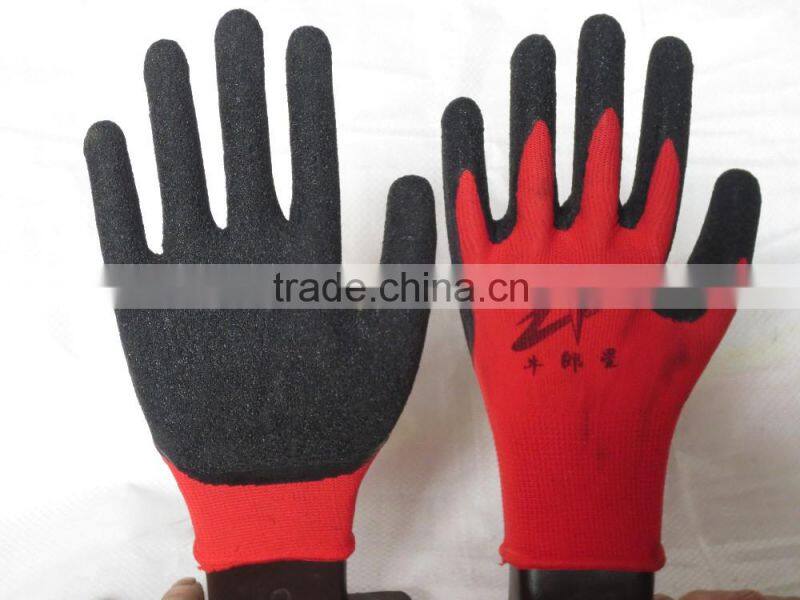 10guage red cotton black latex wrinkle coated gloves