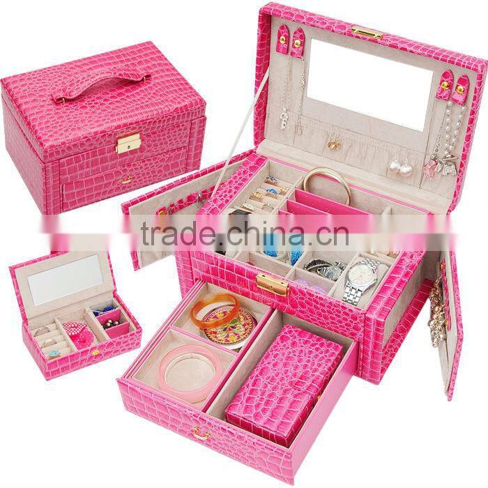 Fancy luxury jewellery storage red jewellery box with mirror for earrings, necklaces and rings, cheap mirror jewellery gift box