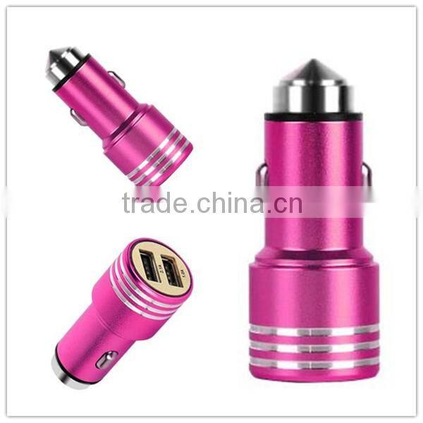 2-port Dual USB Metal Car Charger Pure copper series Car Charger with Window Glass Breaking Tap Hammer for Cellphone A001