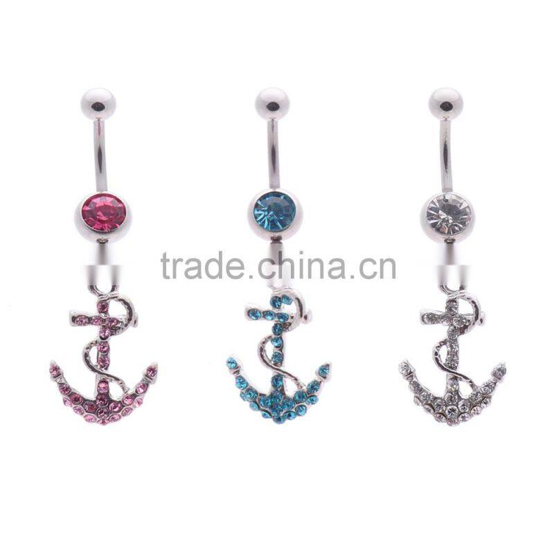 Multi Color Gems Paved Anchor Dangle Belly Button Naval Ring.