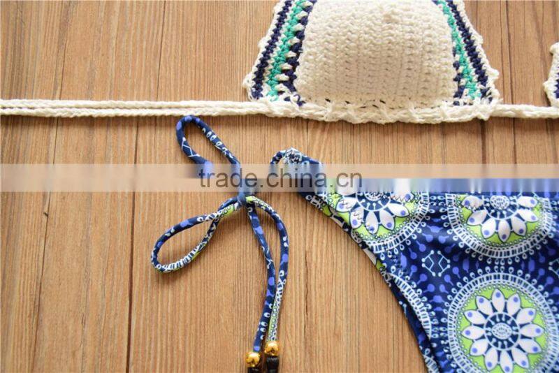 2016 navy blue Wholesale crochet bikini, lady's crochet triangle bikini