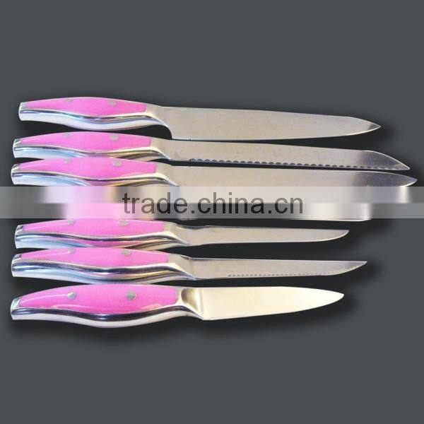 custom made color pink handle kitchen knife set