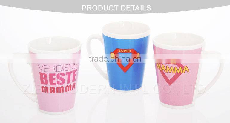 white V shape ceramic mug with father's day and mother's day design