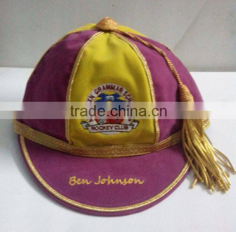 Custom Embroidered Honours Cap with Golden Braid & Tassel, Fuchsia / Yellow Velvet
