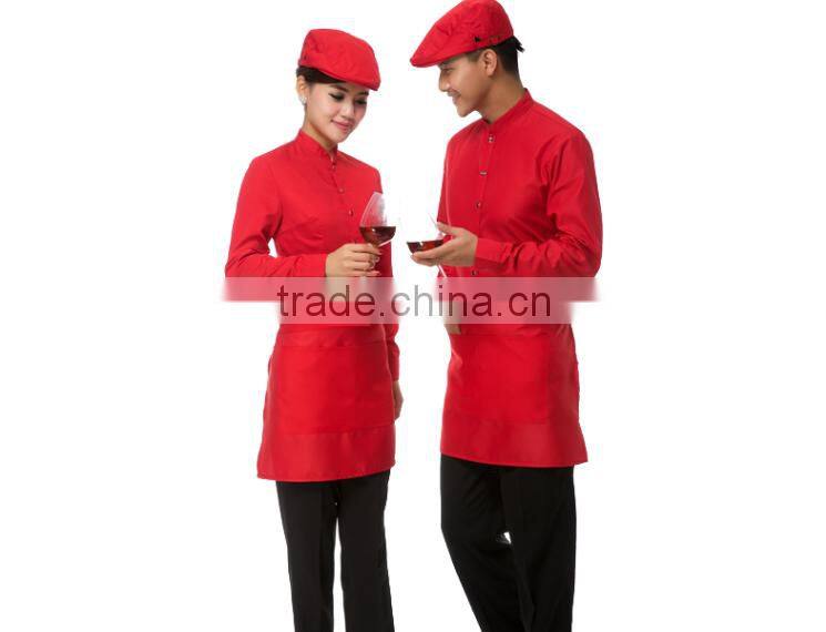 Custom made dark red shirt and black pant /apron Chef Uniforms restaurant waiter long sleeve work sets