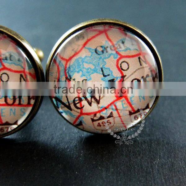 20mm vintage antiqued bronze New York old map art collage glass cabochon round cufflinks fashion wedding cuff links 6600040