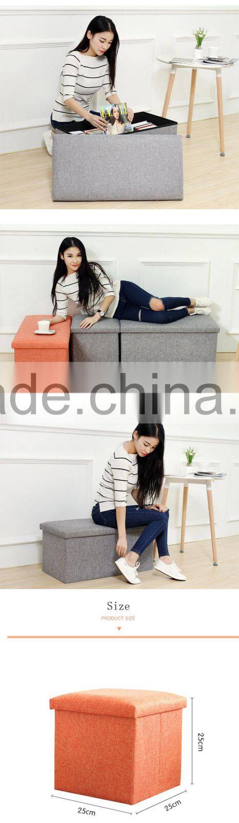 Orange Linen Rectangle Folding Seat Foot Stool Storage Box