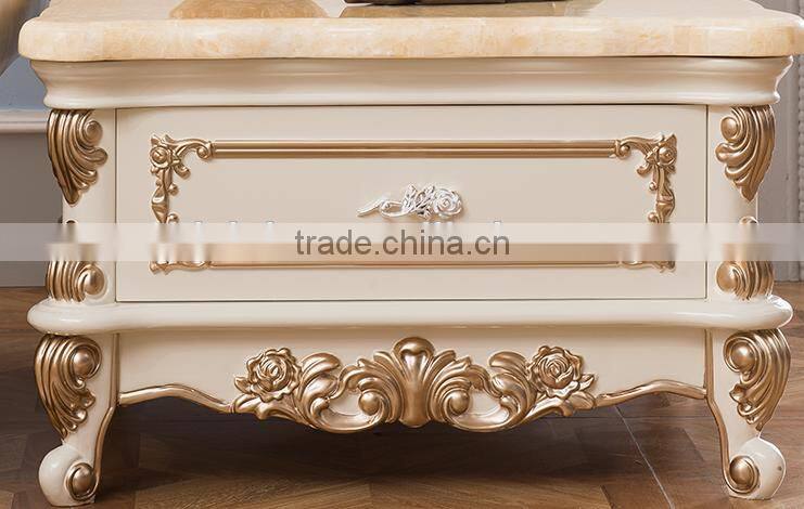 Marble top solid wood square end table with drawer