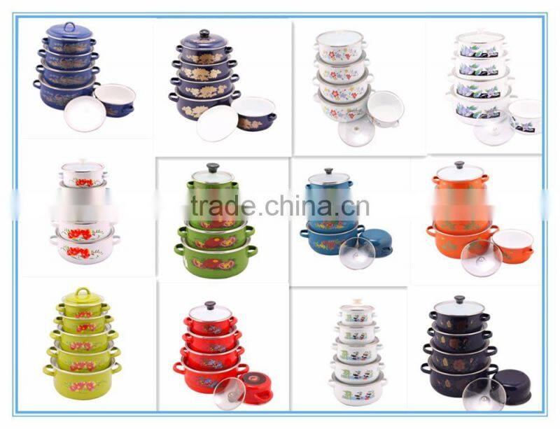 2016 hot selling full decal enamel pot/ enamel cassrole/ enamel soup pot with borosilicate glass lid