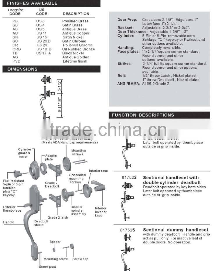 UL fire zinc alloy flower hotel American standard door lever handleset lock