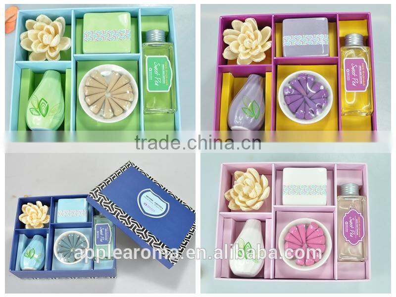 Scented candle in ceramic jar/ sola flower diffuser / incense gift set