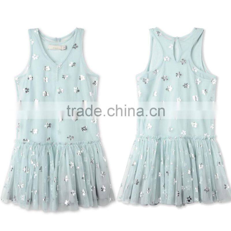 Printed Metallic Flowers Girl Tulle Party Dress Kids Frocks Neck Designs Childern Frock Model HSd5178