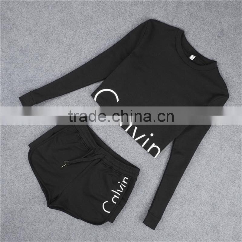2016 New Women Fashion Sport Suit Tracksuit Summer Style Crop Top Black Gray Hoodies Sweatshirt + Short Pant Jogging Femme