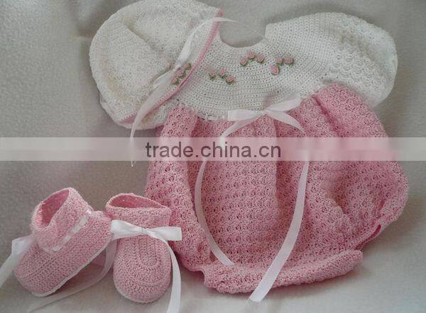 Ribbon Pattern with Hat and Shoes Handmade Baby Dress Crochet