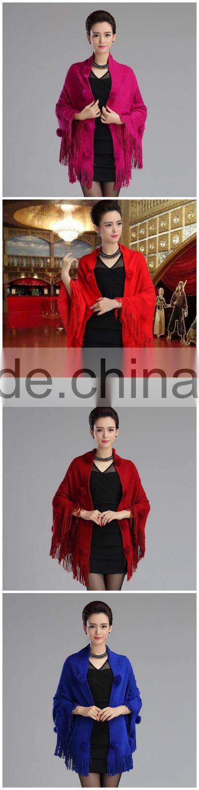 High Quality Beige Female Cashmere Shawl Rabbit Fur Pashmina Triangle Scarf Tassels Wrap