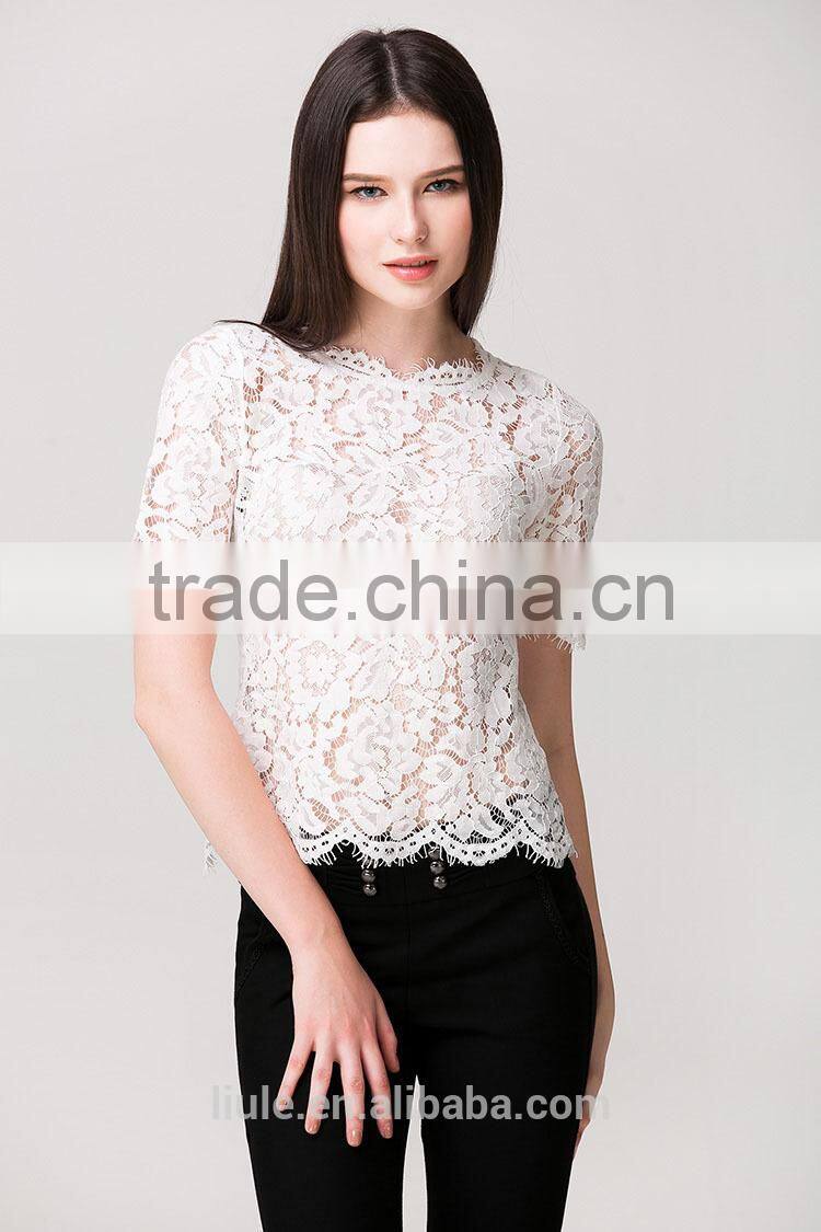 2016 latest white short sleeve fashion crochet lace top for ladies