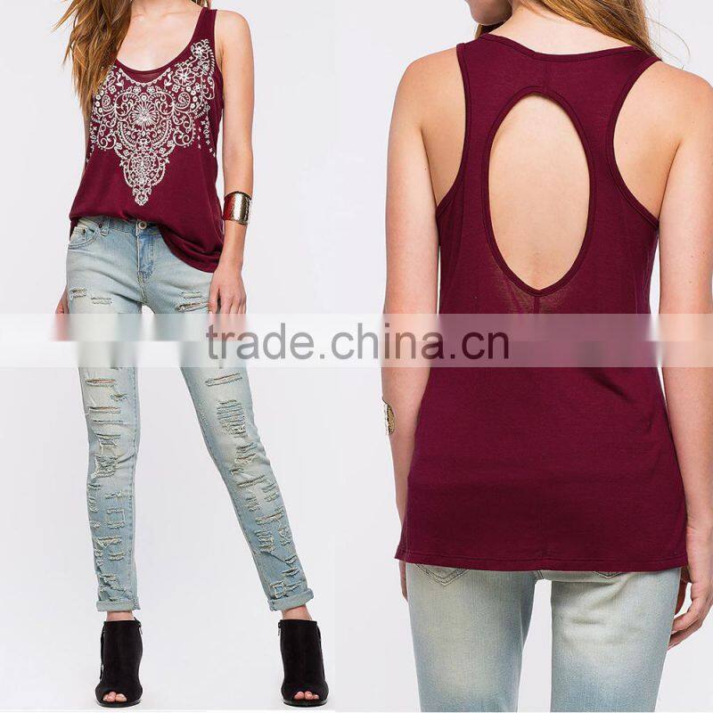 Cotton Tank Top backless hollow printed floral wine red Sold By PC