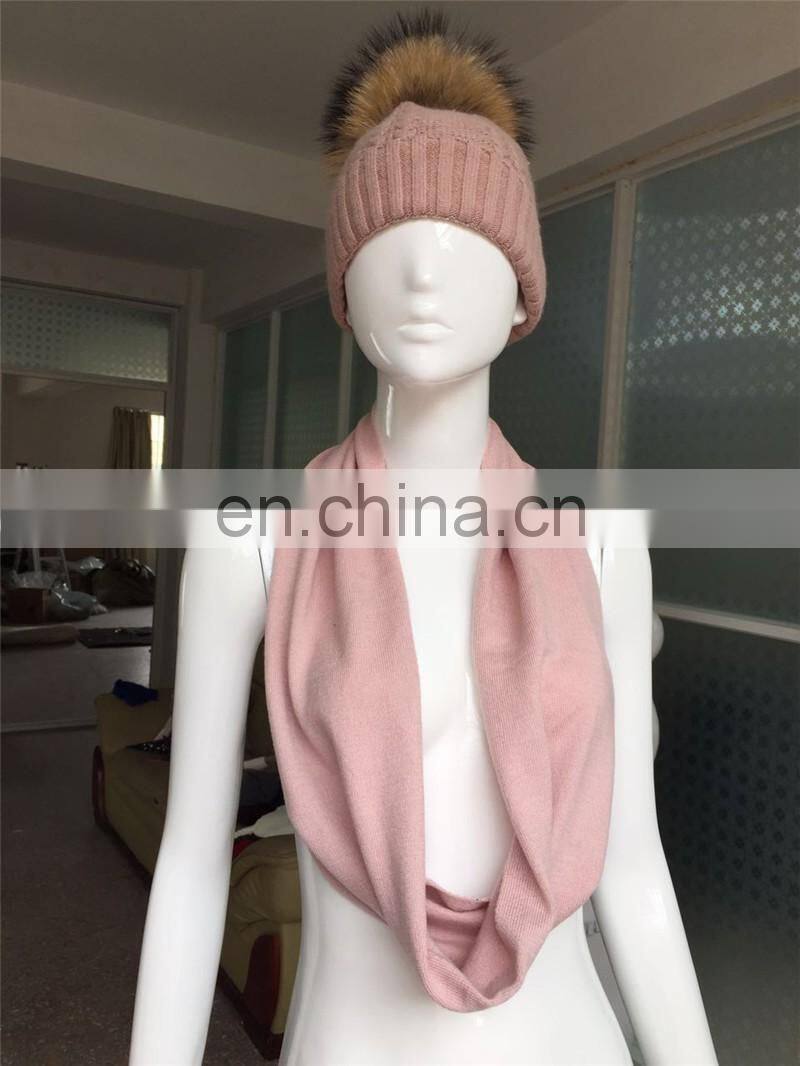 Wholesale Knitted Wool Cashmere Scarves Raccoon Fur Pom Hat Scarf Combination