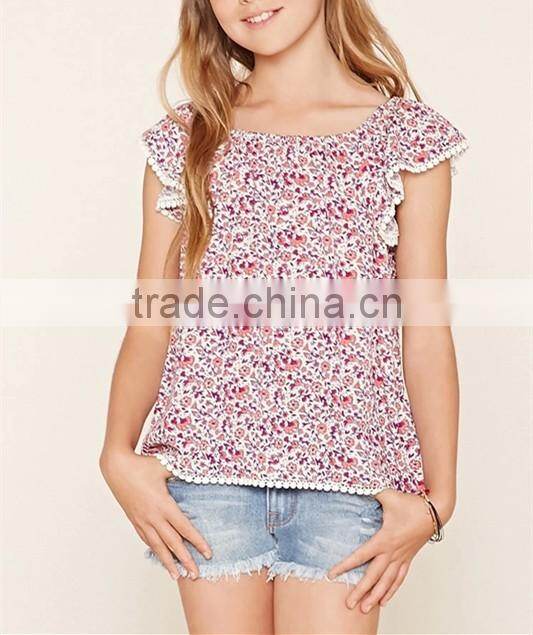Wholesale boutique clothing china kids floral print crochet trim tops