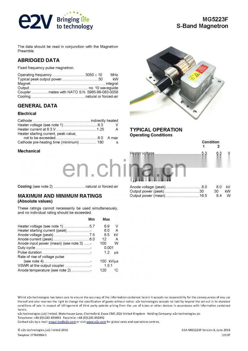 Marine electronics maritime navigation communication Furuno marine radar spare parts UK MG5223F E2V S band magnetron