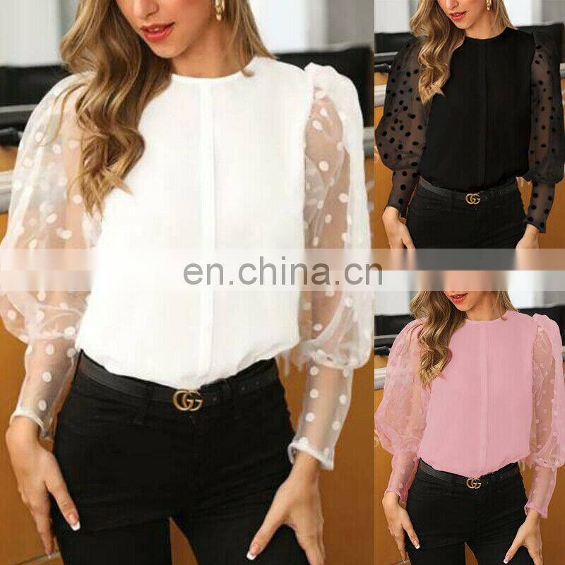 Wholesale top fashion clothes elegant lace wave point fashion lantern sleeve round neck blouses