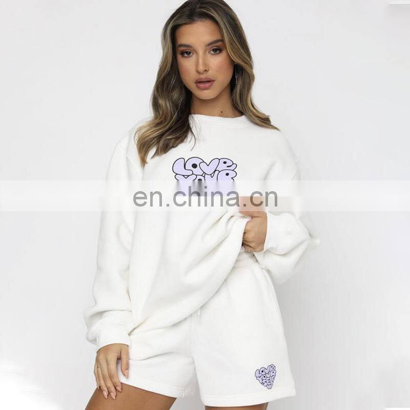 Custom logo autumn and winter casual round neck women's clothing printed letters peach heart shorts long-sleeved sweater suit