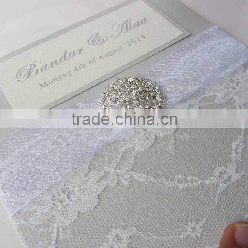 Elegant Brooch Ribbon Card with Printing Words Rustic Lace Wedding Invitation