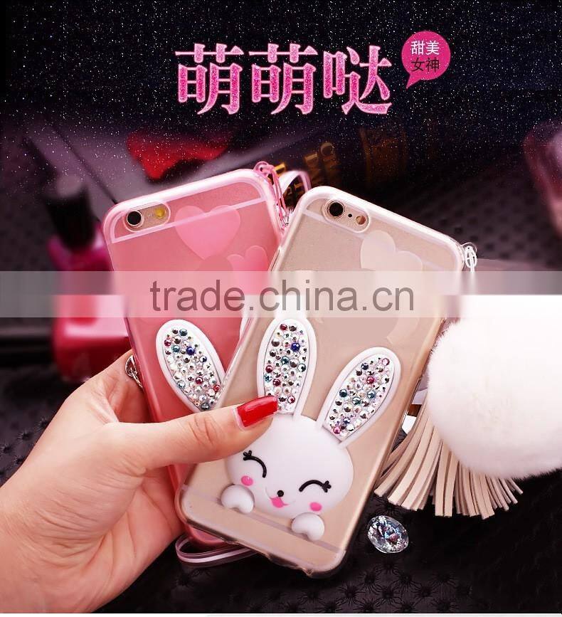 TPU Rhinestone Silicone Strap with Bracket Rabbit Fur Ball Case for iPhone 6S/6Plus