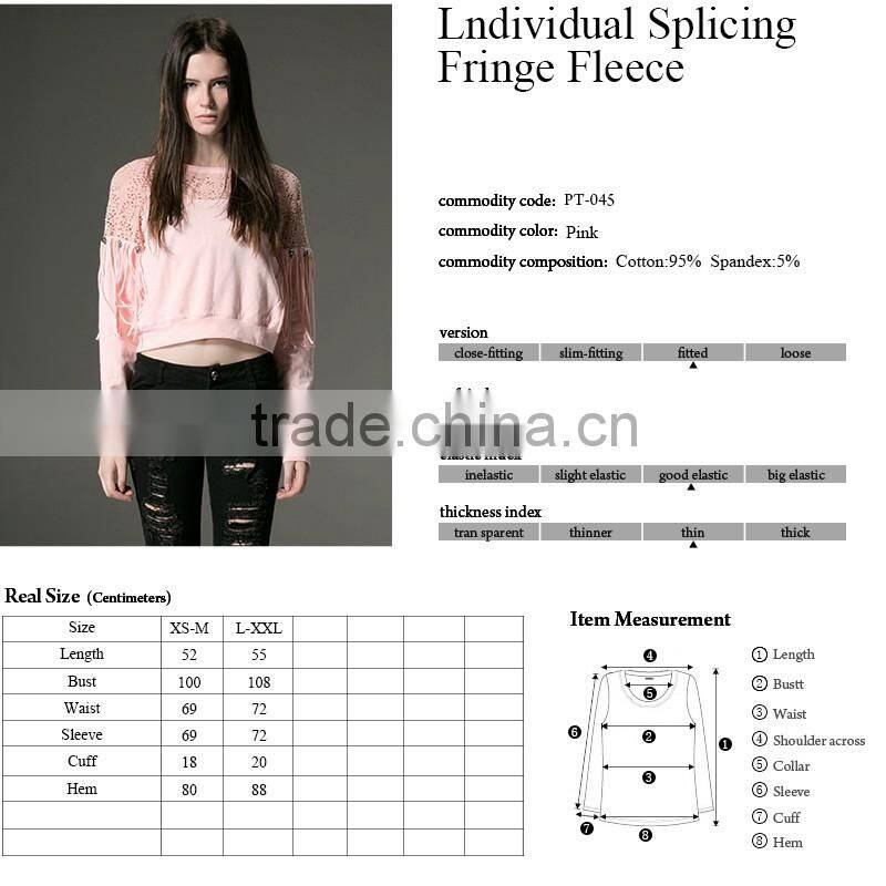 PT-045 Tassel Splicing Cut-Out O-neck Cotton Long Sleeves T-shirt