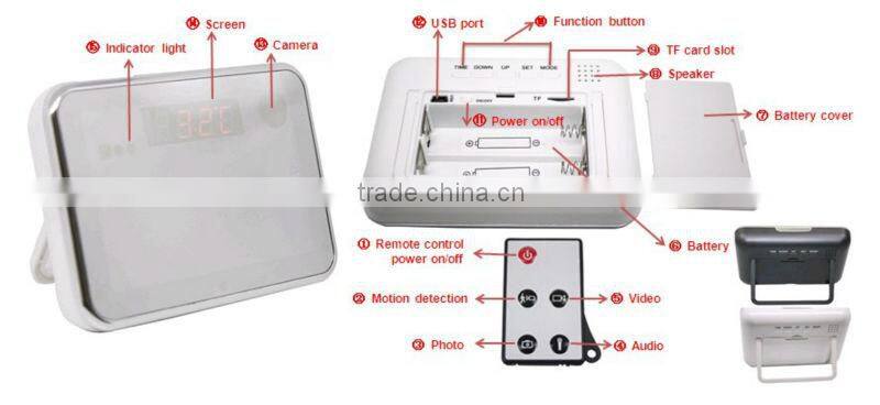 JVE-3311G 1280*960@30fps Multi-function Mirror Clock Camera with remote control ,Motion Detection& thermograph for home security