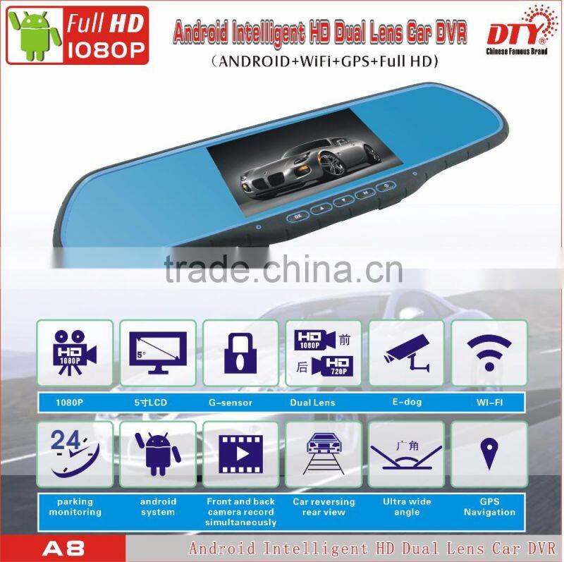 5"Android fhd 1080p car camera dvr video recorder, android rear view mirror car dvr ,GPS Car Navigation Recorder