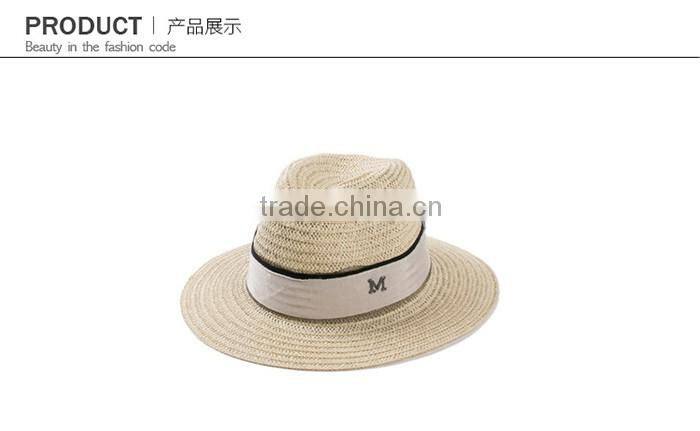 Ladies promotional alphabet M caps with ribbon straw panama hat cheap