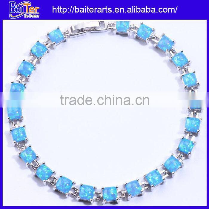 925 Sterling Silver Blue Inlay Opal Hamsa Hand Link Bracelet