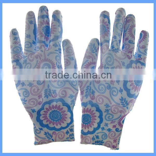 Flexible & Comfortable Knitted Polyester Printing Gardening PU Gloves With All Size