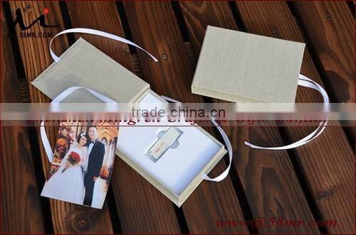 Ribbon Linen USB Photo Stroage Gift Box with Elastic