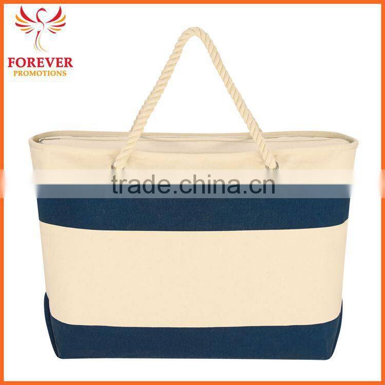 Custom Logo Print Top Zippered Closure Canvas Tote Bag With Rope Handles