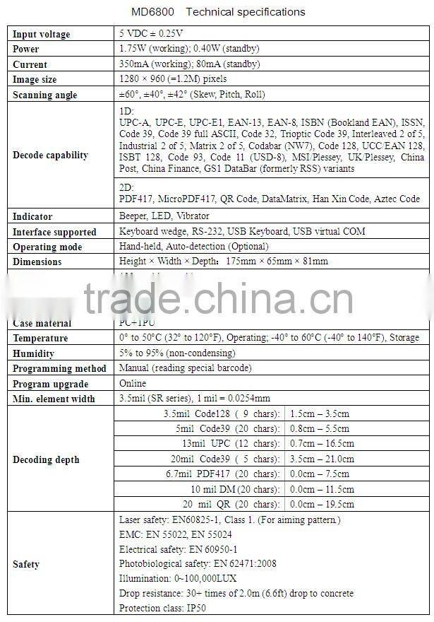 Hot sale MD6800 Handheld 2d Image barcode scanner with high speed