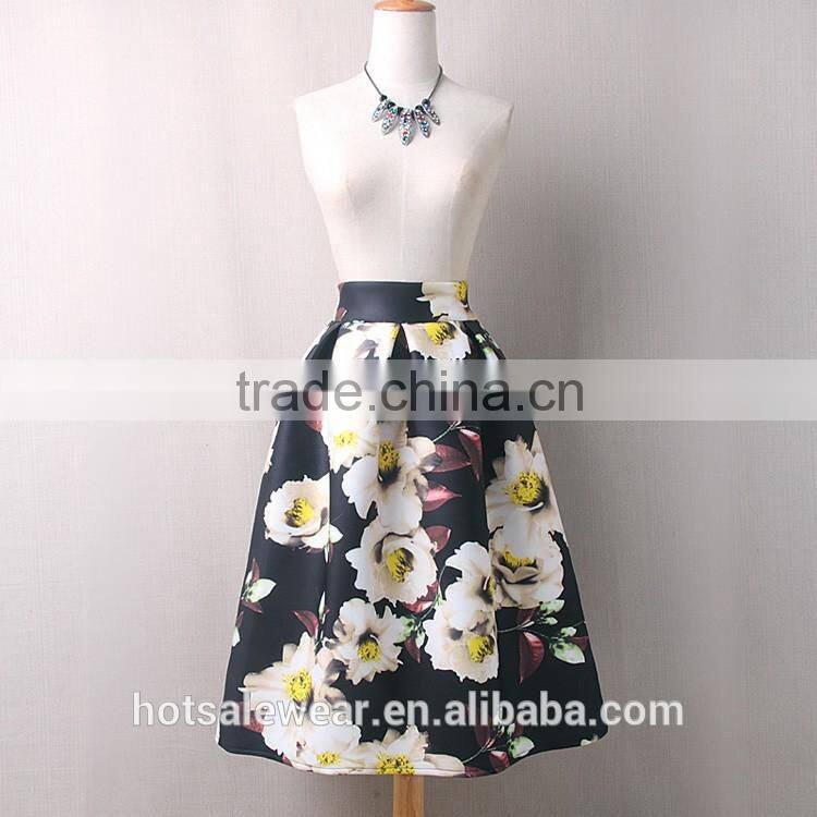Modern Women Pattern Midi Length Skirt Floral Printed A Line Knee Length Skirt PH-9218