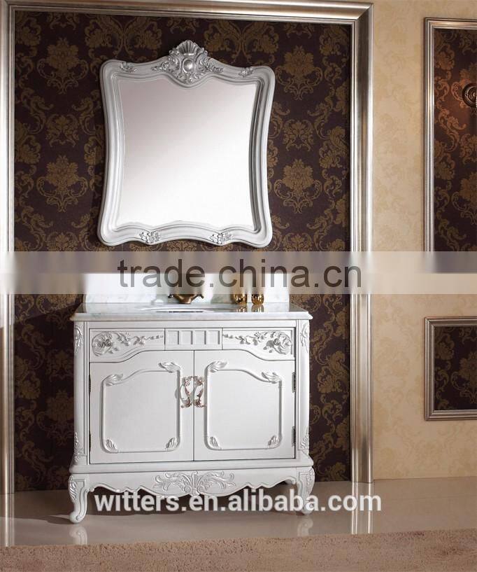 Antique wooden bathroom vanity furniture in white with mirror WTS345
