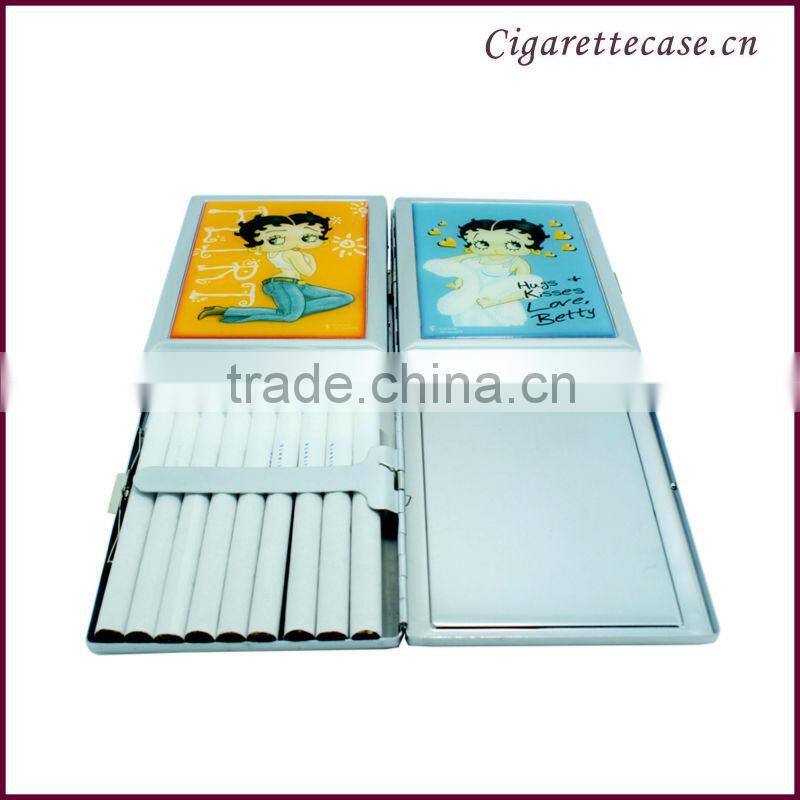fancy design Metal chormed cigarette case with sticker logo stainless cigarette case with clip