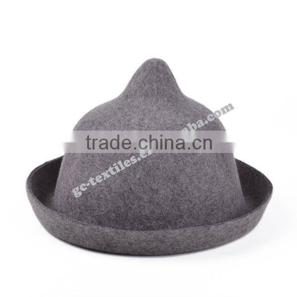 hot new products for 2014 Fall and winter Pointy top curling woolen Fedora ladies hats felt cat ear hat wholesale for men with f