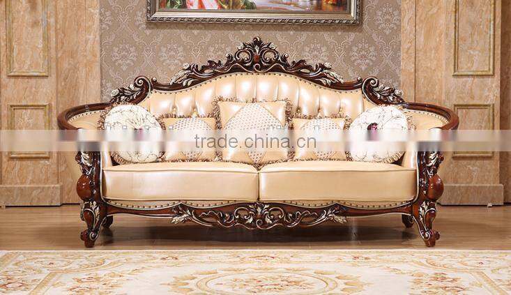 Neoclassical solid wood living room furniture genuine leather 1+2+3 sofa set