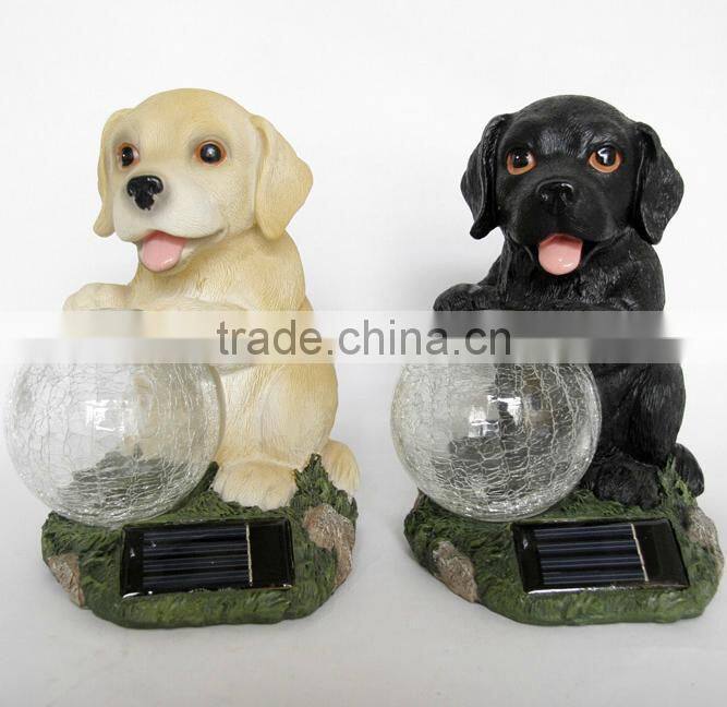 Resin solar lighting dog figurine with luminous glass ball
