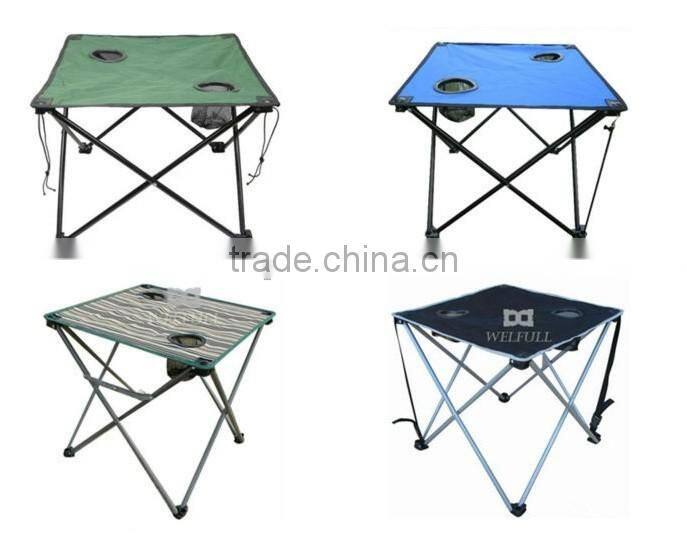 Small foldable camping picnic table with 9 cup holders and cooler bags