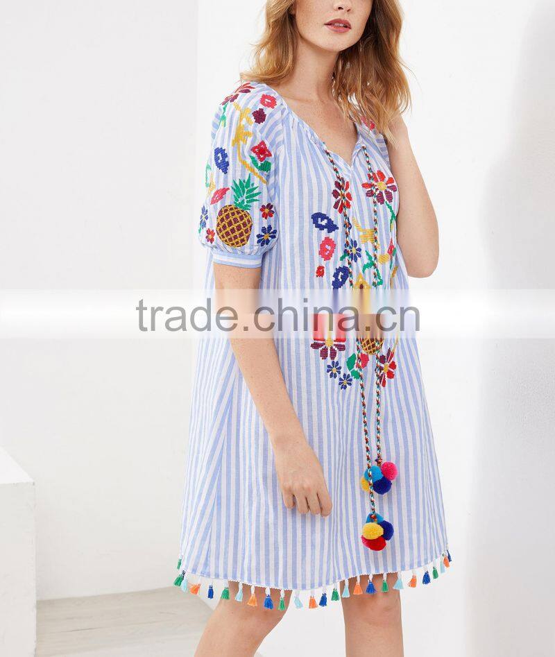 Bohemian Clothing Vertical Striped Embroidered Tassel Hem Pom Pom Dress New Model Girls Dress HSd5212