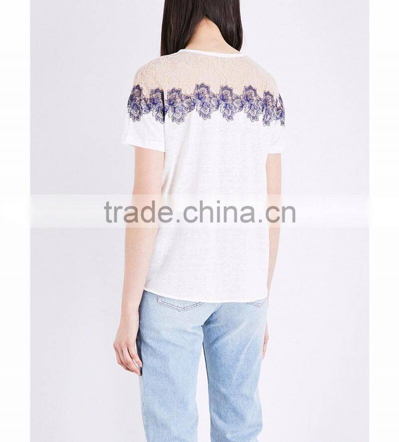 Customized Wholesale Lady's Apparel Simple Classic Floral Linen and Lace T-shirt(DQM005T)