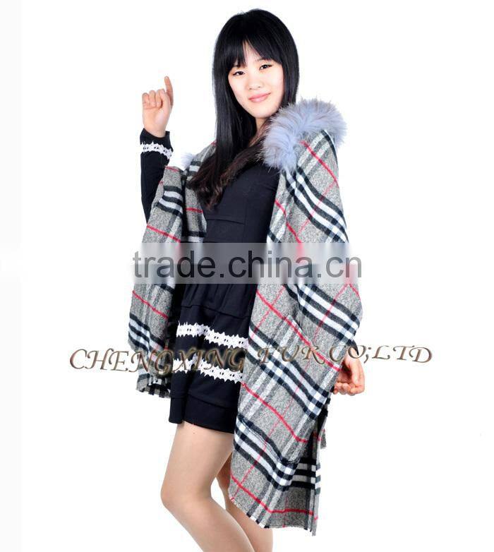 CX-B-P-39 Cheap Genuine Raccoon Fur Trim Pashmina Shawls Wholesale With Hood
