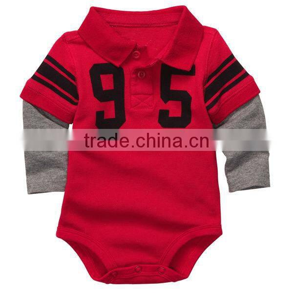 Baby red and grey Layered-Look sleeve Varsity Polo Bodysuit